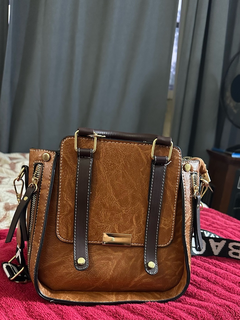 Structured Tan Faux Leather Crossbody Bag with Gold Accents